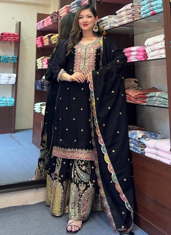 Chinnon Silk Black Wedding Wear Embroidery Work Readymade Sharara Suit